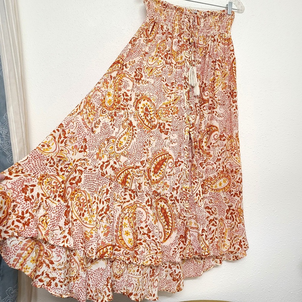 Cynthia Rowley XL Orange Cream Rayon Flowy Elastic Waist Maxi Skirt Boho Resort - Picture 11 of 11
